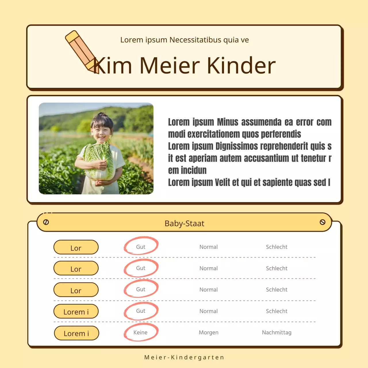 Eine Sammlung von niedlichen gelben und rosa Kindergarten-Ankündigungen