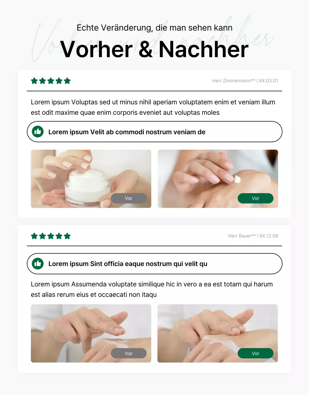 Förderung einer einfachen grün-weißen Naturkosmetik-Bewertungsseite