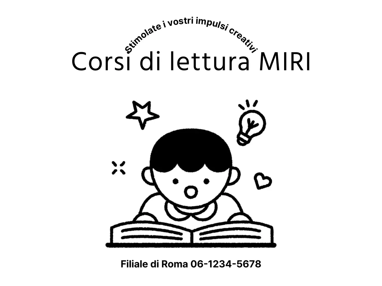 Design promozionale della scuola con illustrazione di un bambino che legge un libro