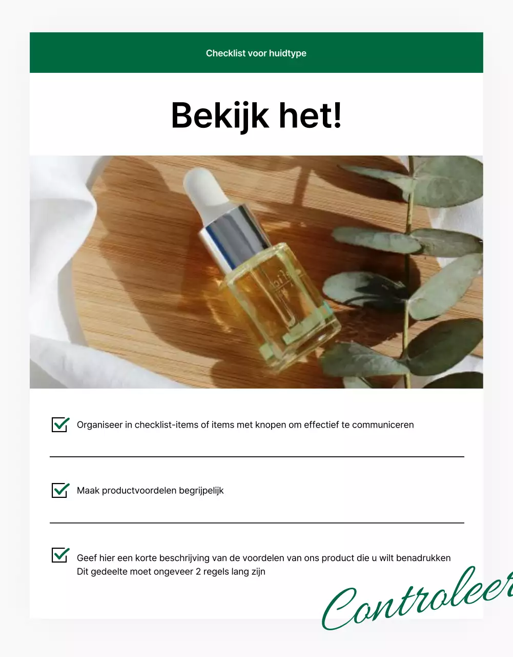 Promoot een eenvoudige groen-witte pagina met controlepunten voor natuurlijke cosmetica