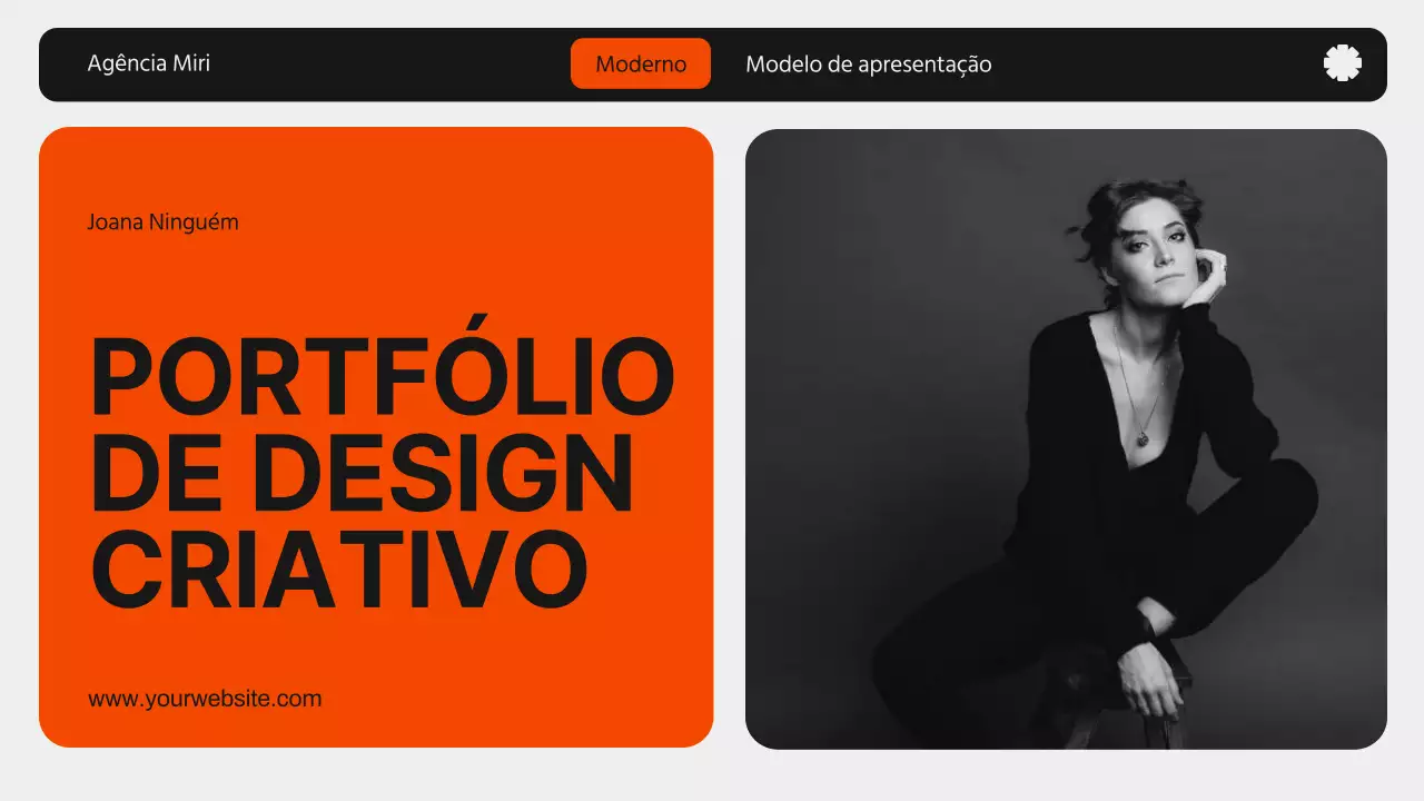 Portfólio criativo de design gráfico moderno em laranja e preto