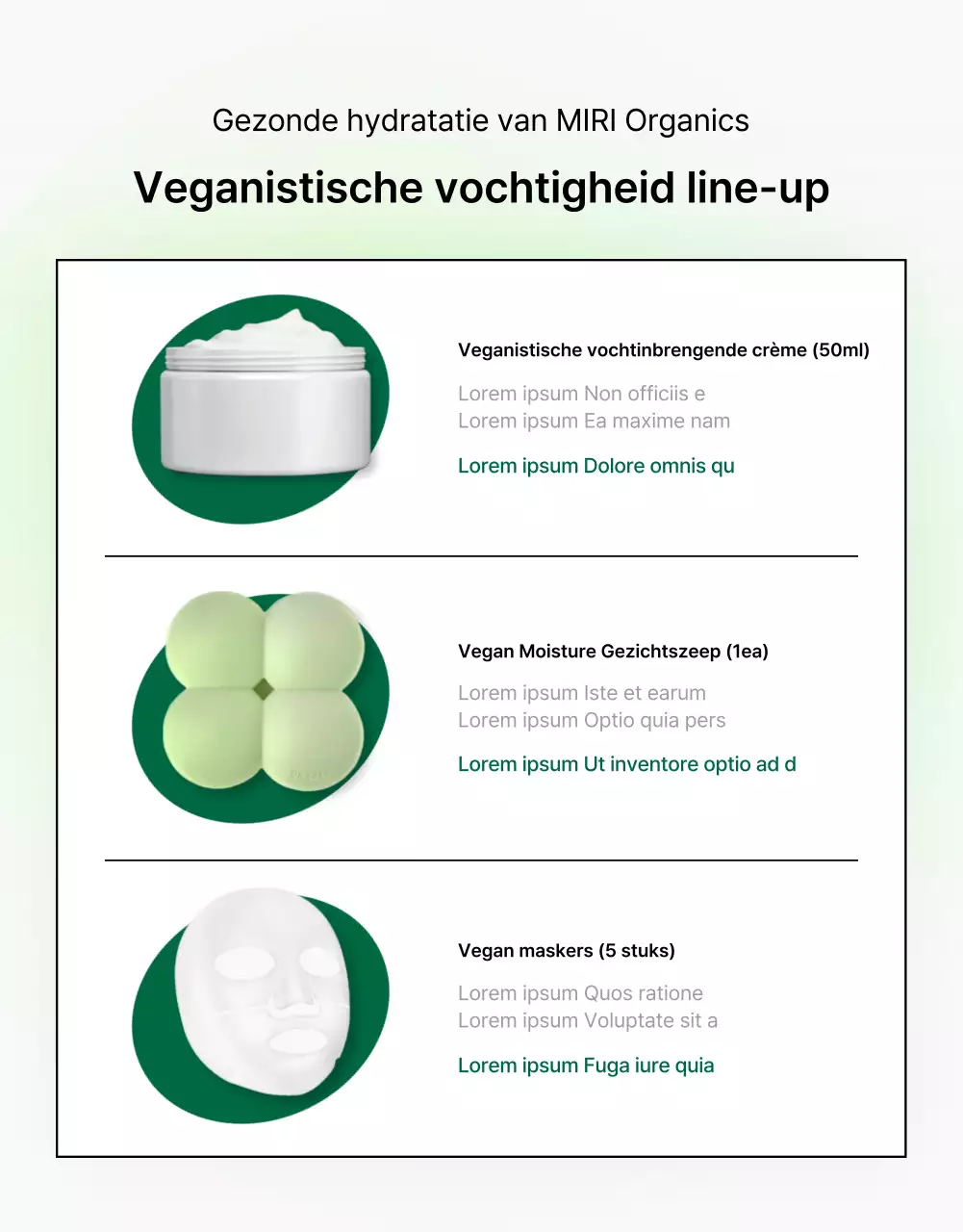 Promoot een eenvoudige groen-witte beschrijving en detailpagina van natuurlijke cosmetica