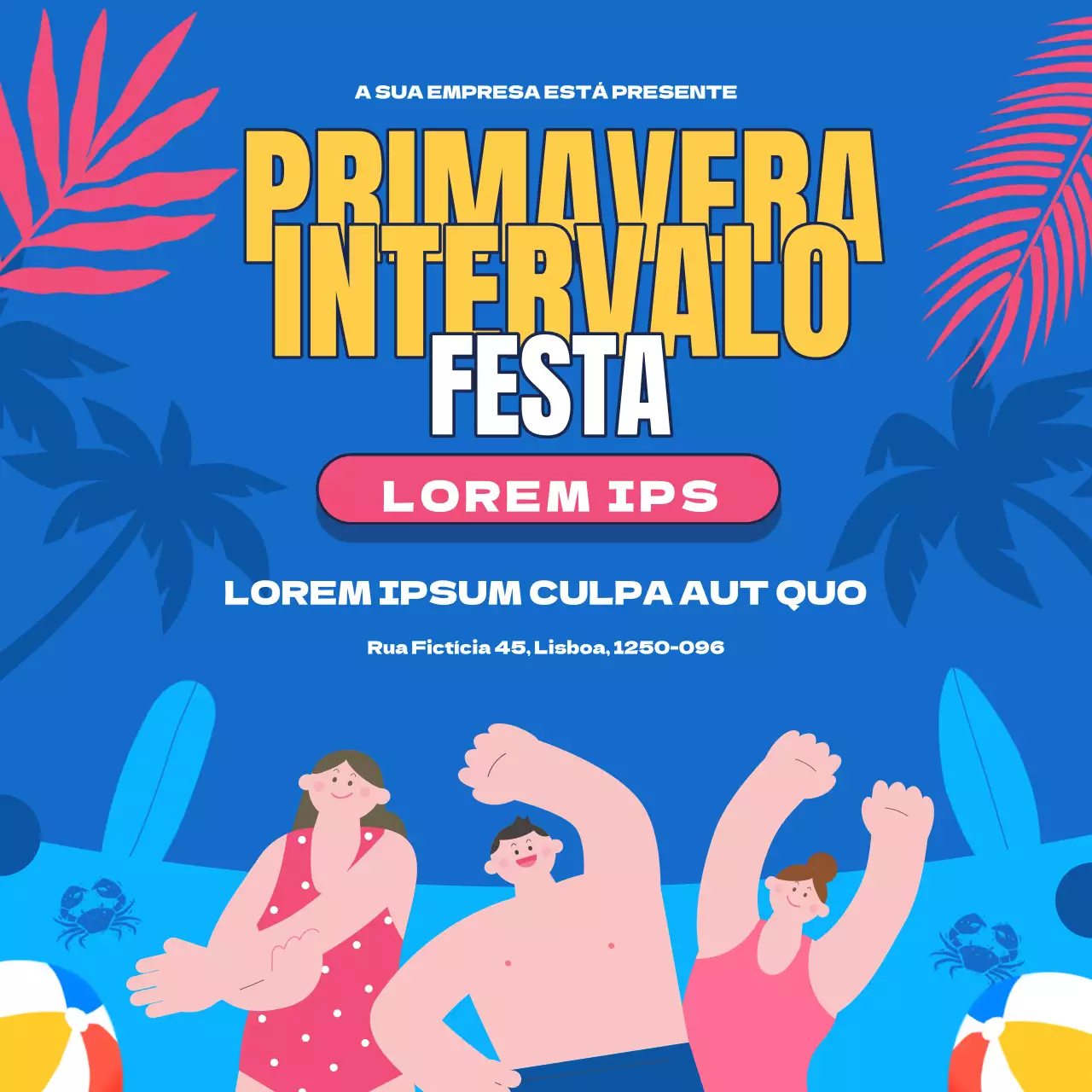 Convite de festa tropical azul e cor-de-rosa para as férias de primavera