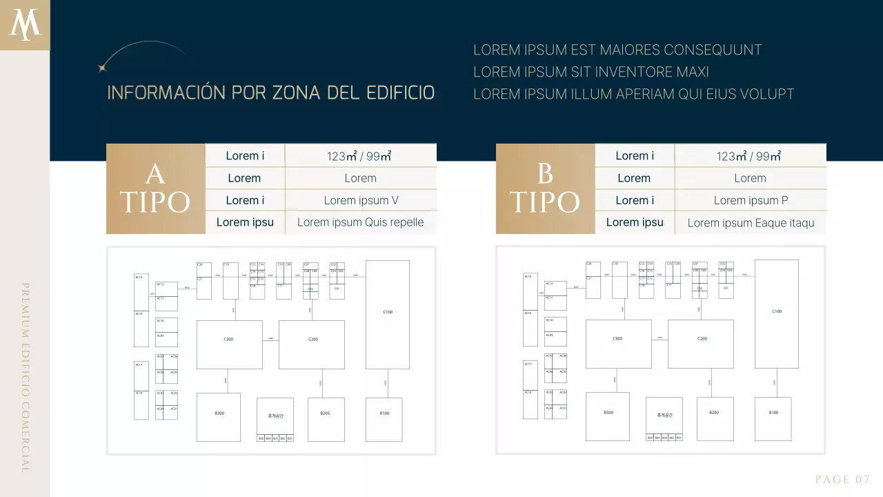 Un lujoso anuncio inmobiliario en azul marino y dorado