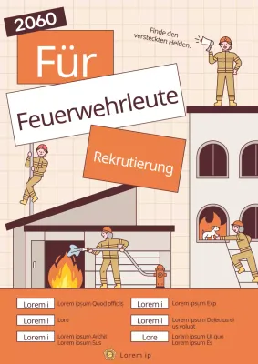 Förderung der Anwerbung von Feuerwehrleuten in kitschigen orange-braunen Kostümen