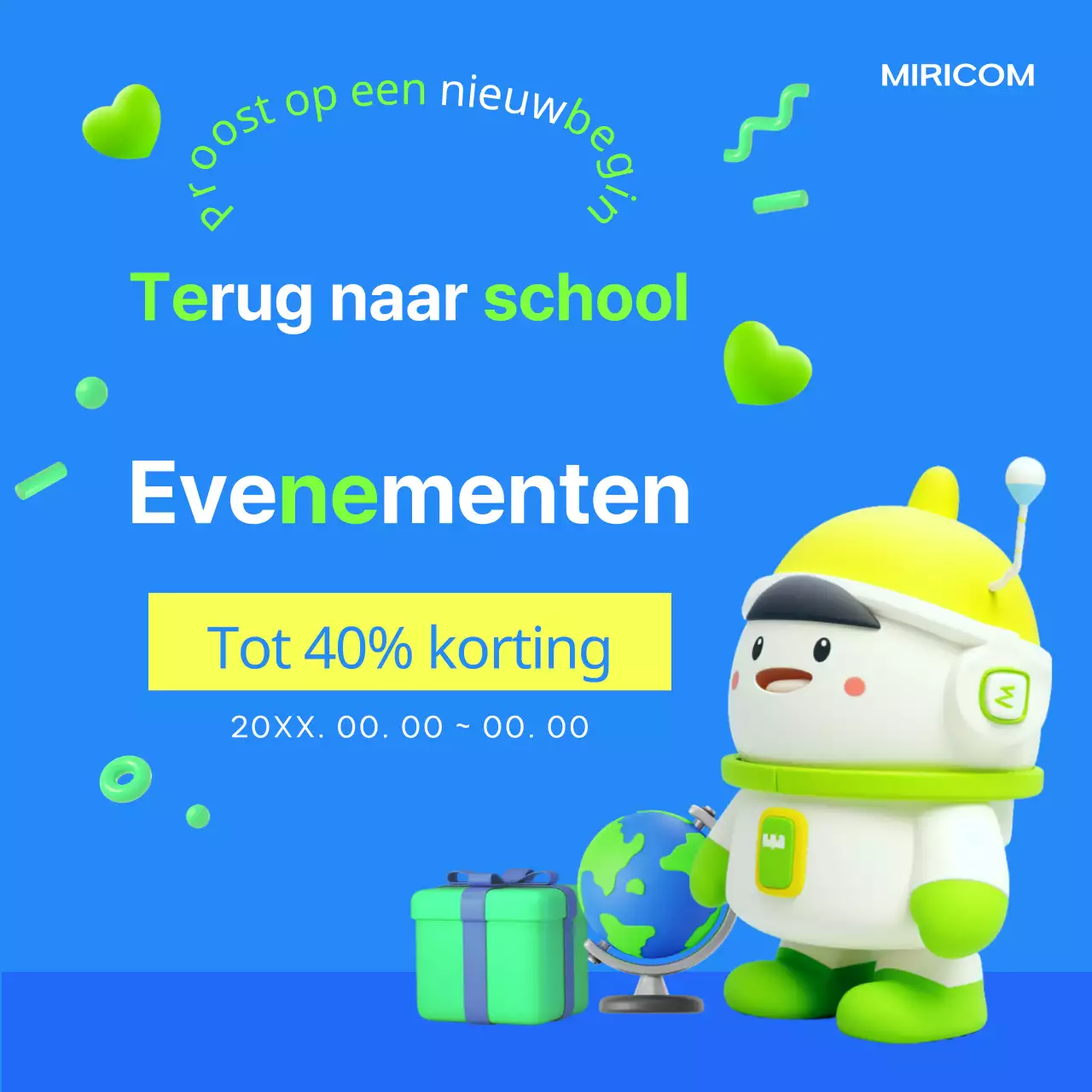 Promoot back-to-school evenementen met blauwe en fluorescerende kleuren