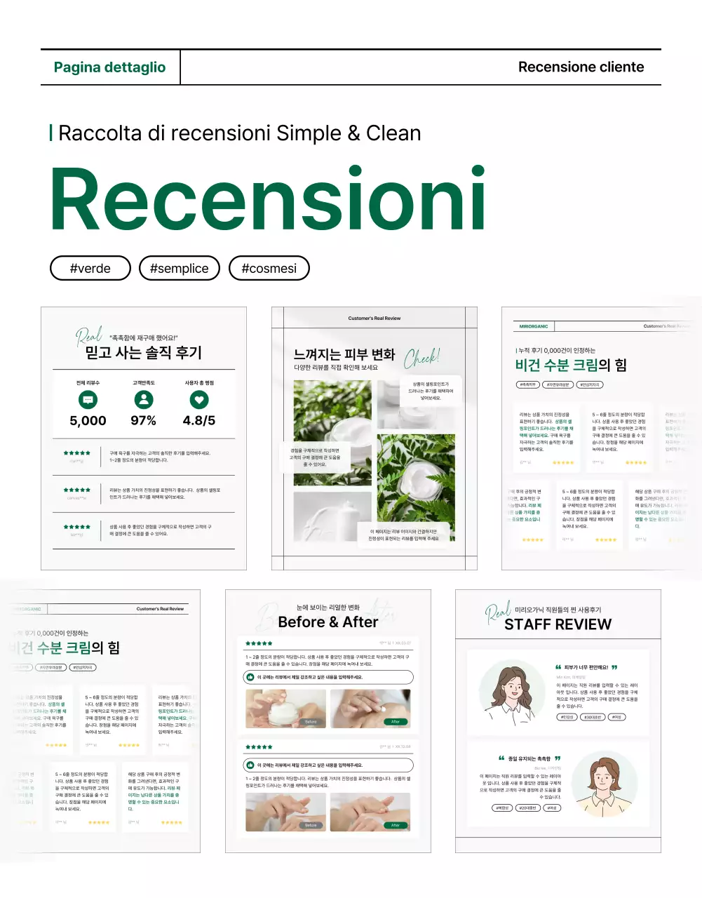 Promuovere una semplice pagina di recensioni di cosmetici naturali bianchi e verdi