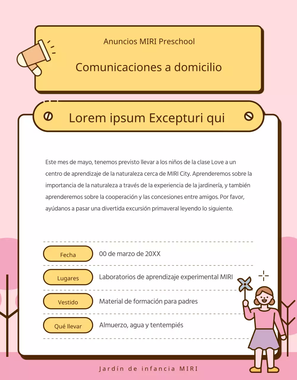 Una colección de bonitos anuncios amarillos y rosas para el jardín de infancia