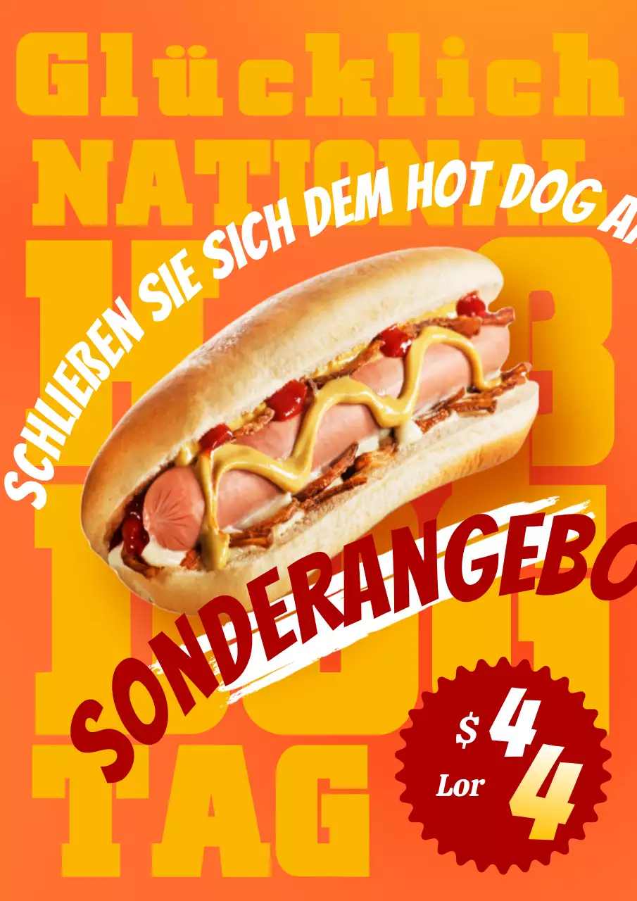 Bewerben Sie Ihre Veranstaltung zum National Hot Dog Day mit orange-gelber Pop-Art