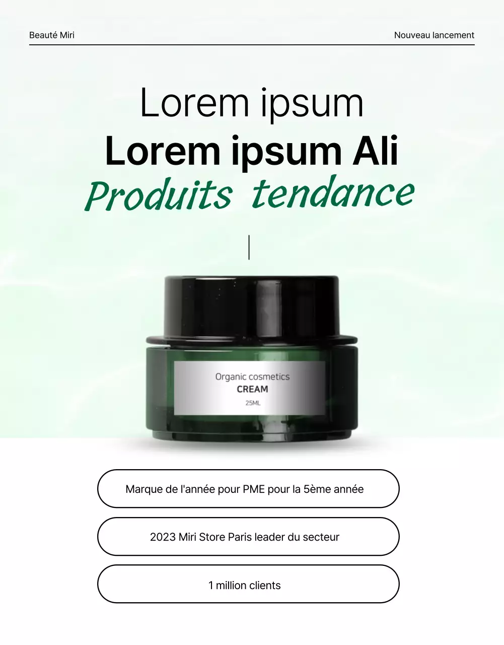Promouvoir une page de couverture simple, moderne et naturelle pour les cosmétiques, en vert et blanc