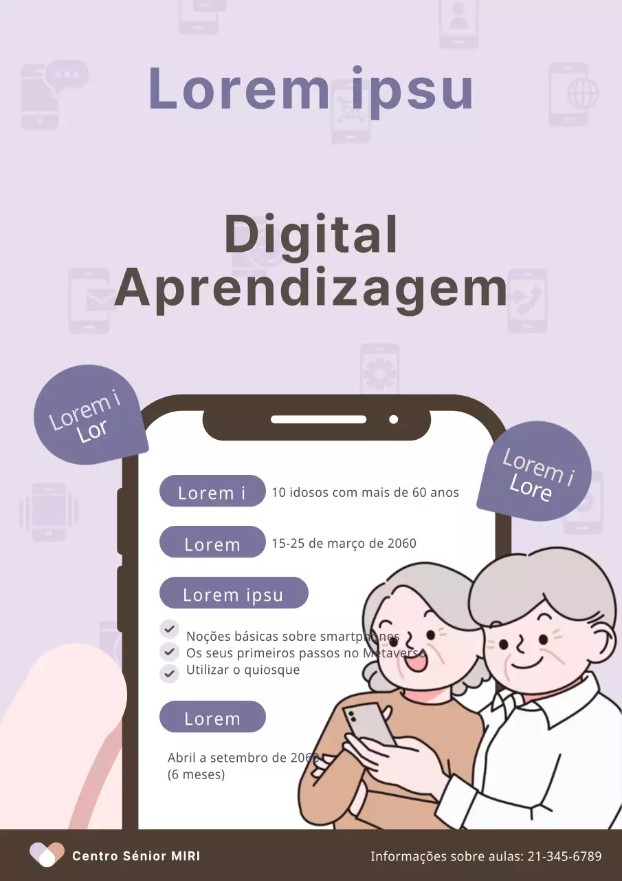 Promover programas de educação digital para idosos em tons de lilás e castanho