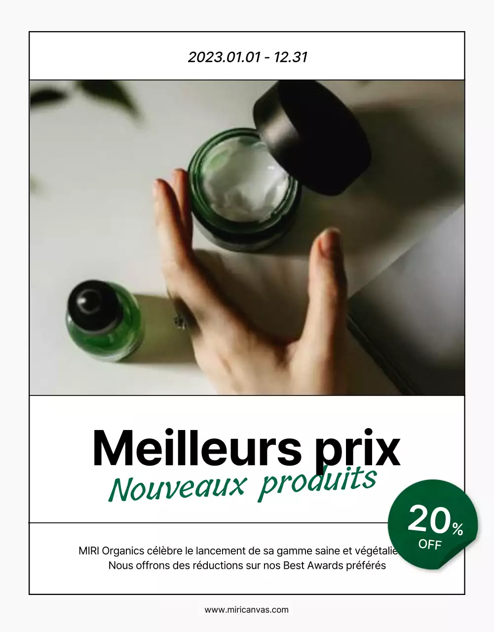 Promouvoir une page de couverture simple, moderne et naturelle pour les cosmétiques, en vert et blanc