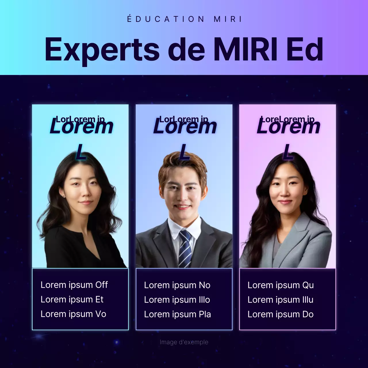 Promotion d'une conférence spéciale dans une académie avec une ambiance de science-fiction en bleu marine et violet