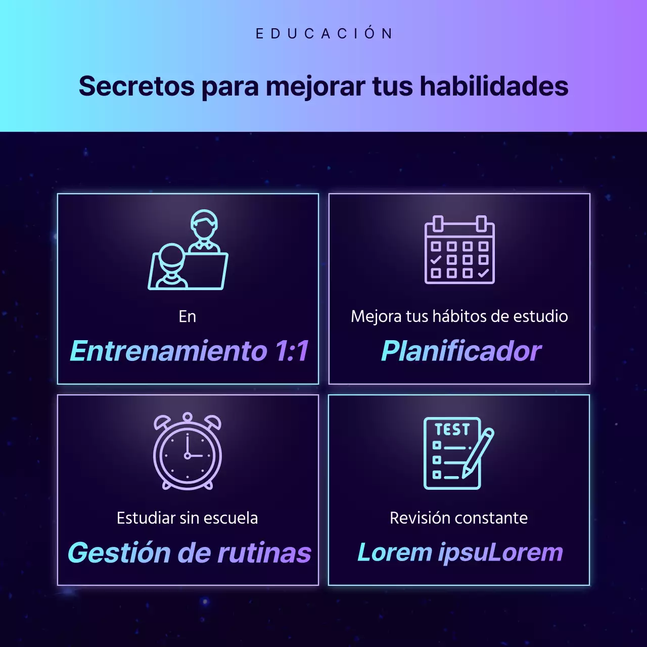 Promoción de una conferencia especial en una academia con aires de ciencia ficción en azul marino y morado.