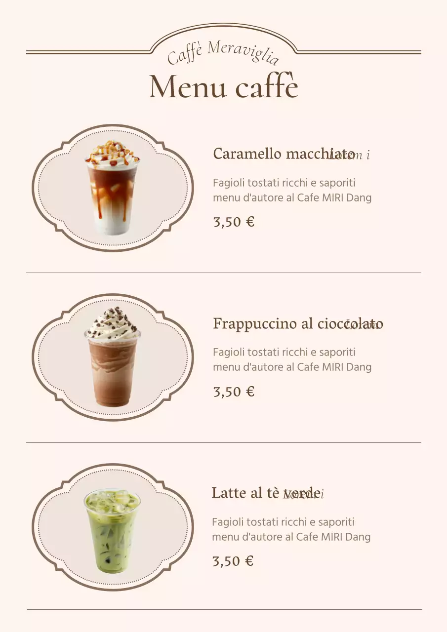 Pubblicità su un tabellone del menu di una caffetteria vintage in avorio e beige