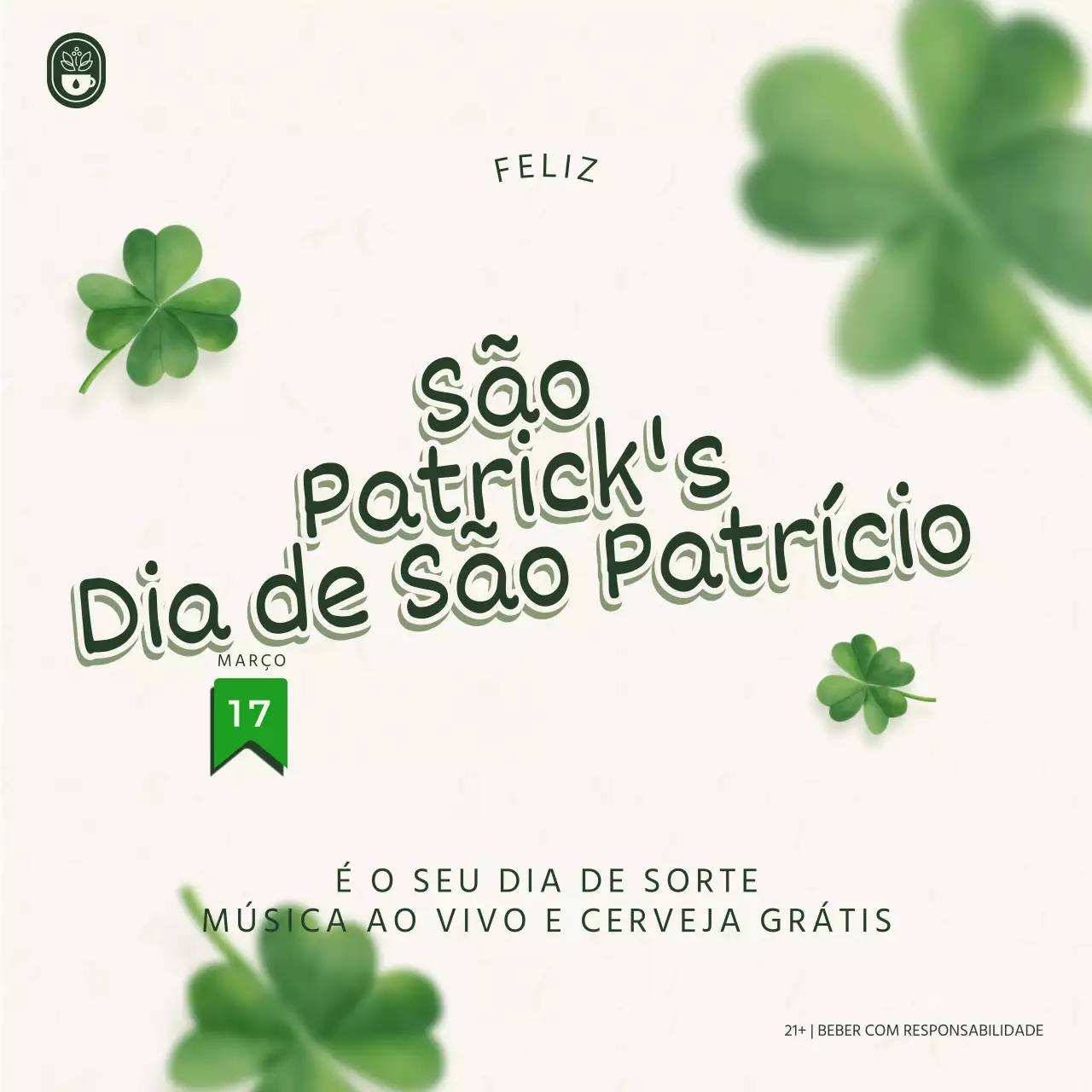 Publicidade para eventos do Dia de São Patrício à moda antiga, em bege e verde