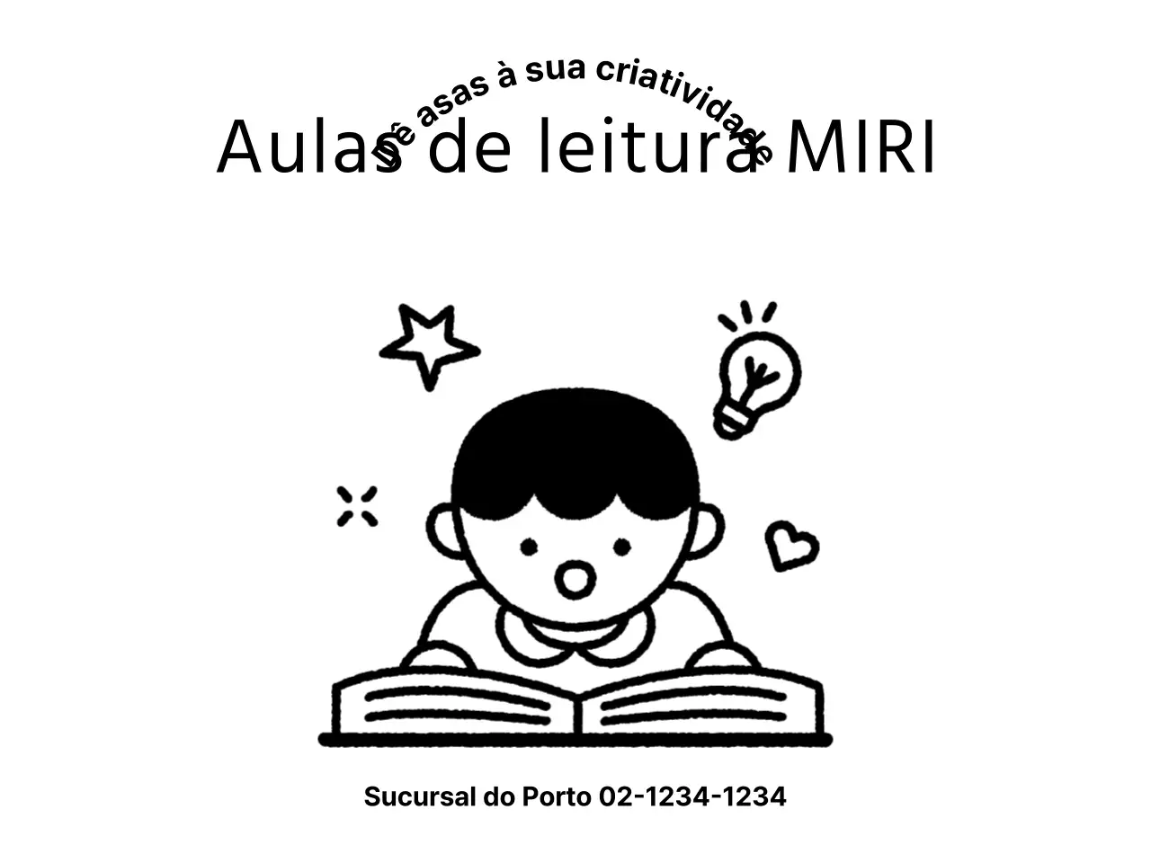 Desenho promocional de escola com ilustração de uma criança a ler um livro