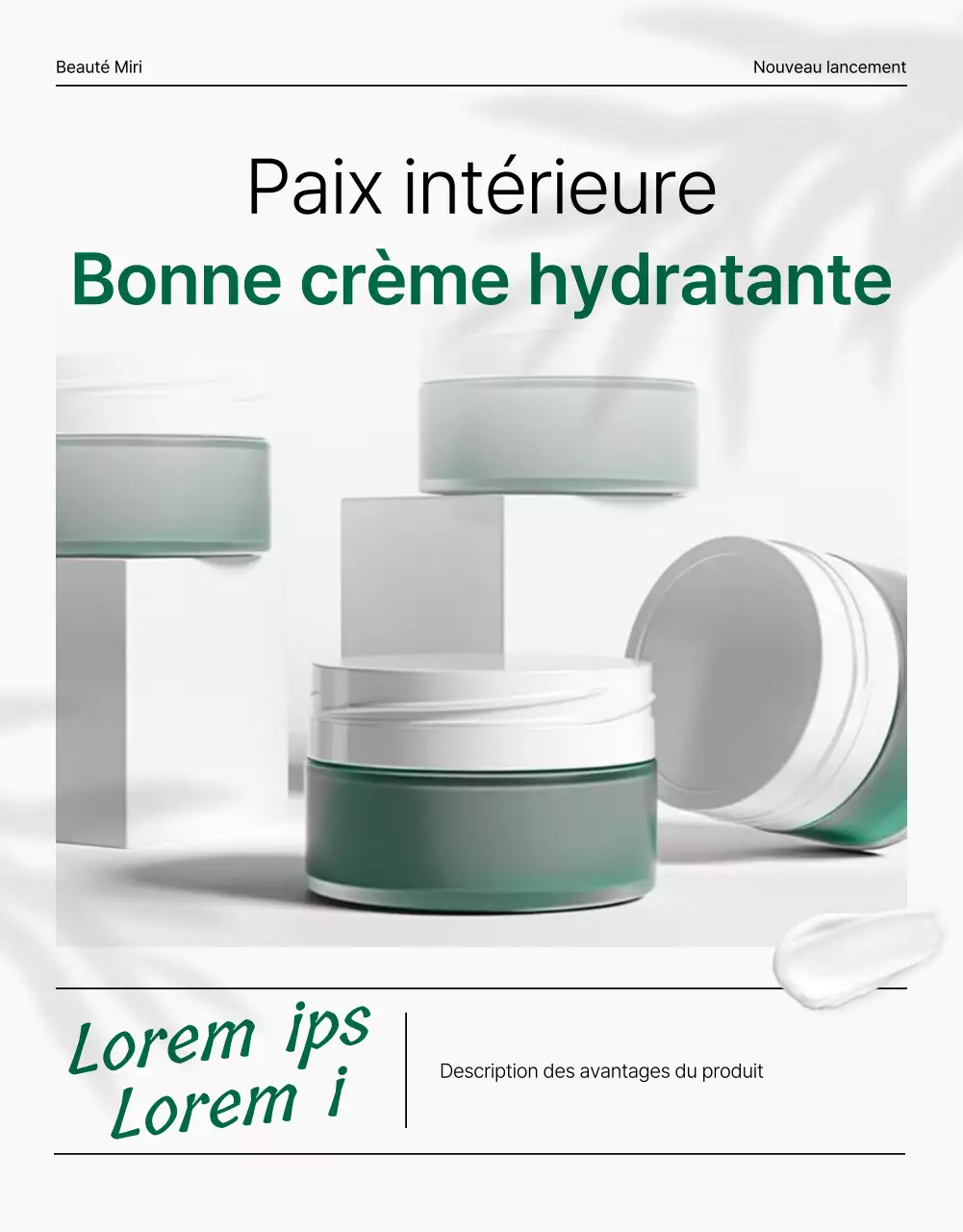 Promouvoir une page de couverture simple, moderne et naturelle pour les cosmétiques, en vert et blanc