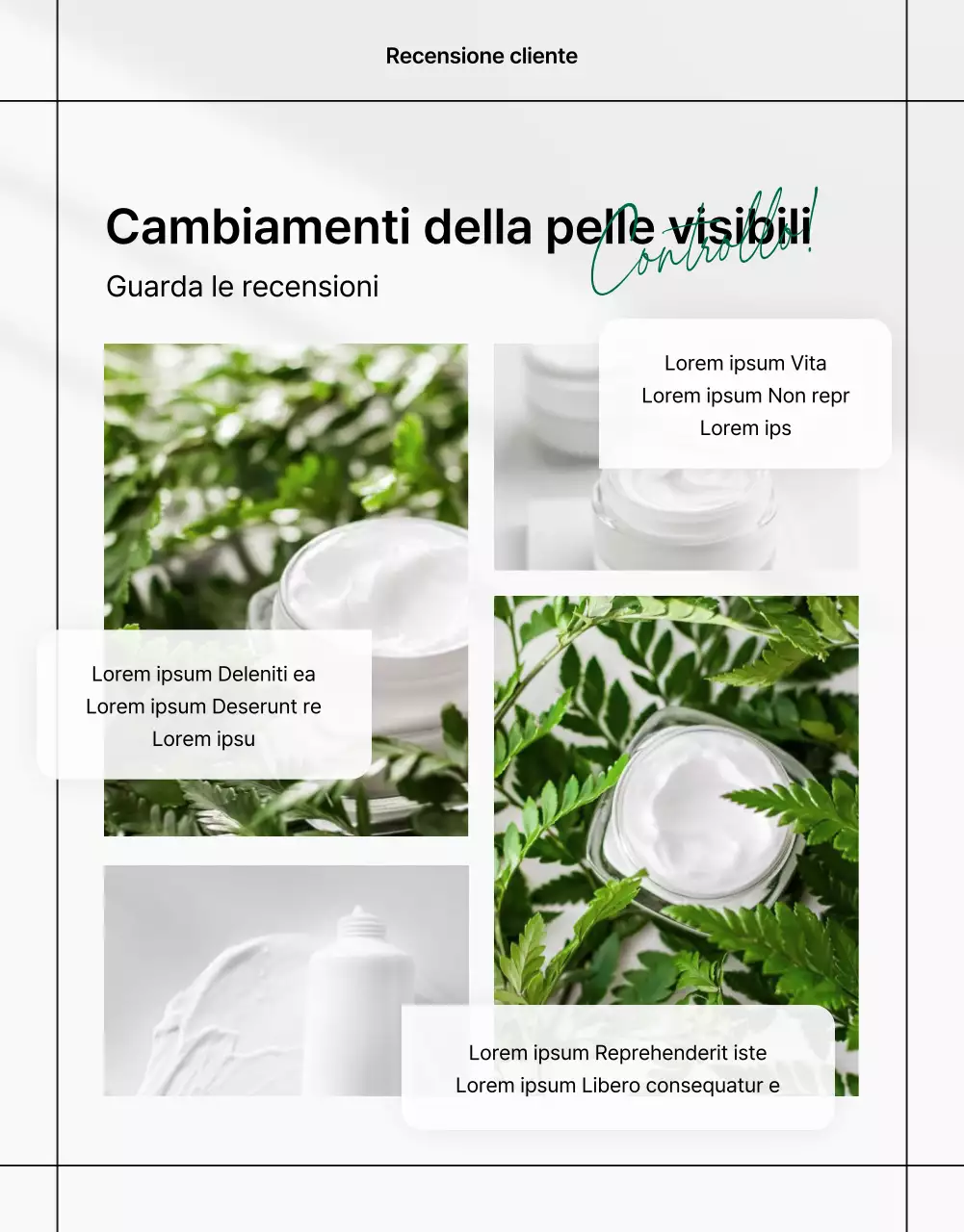 Promuovere una semplice pagina di recensioni di cosmetici naturali bianchi e verdi