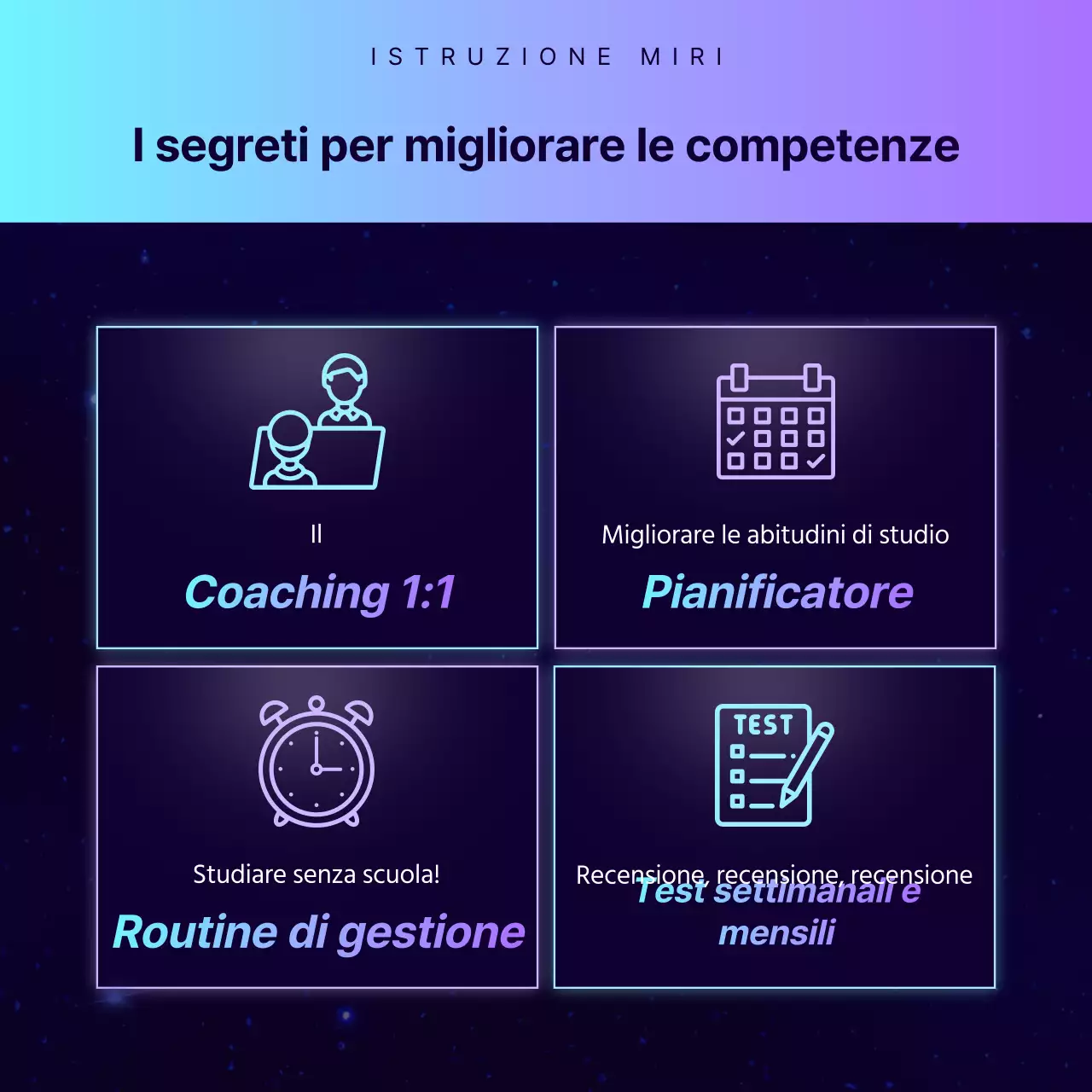 Promozione di una conferenza speciale presso un'accademia con un'atmosfera fantascientifica in blu navy e viola.