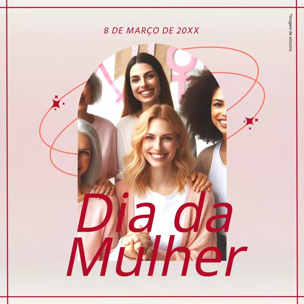 Campanha de celebração do Dia da Mulher em tons de rosa e vermelho