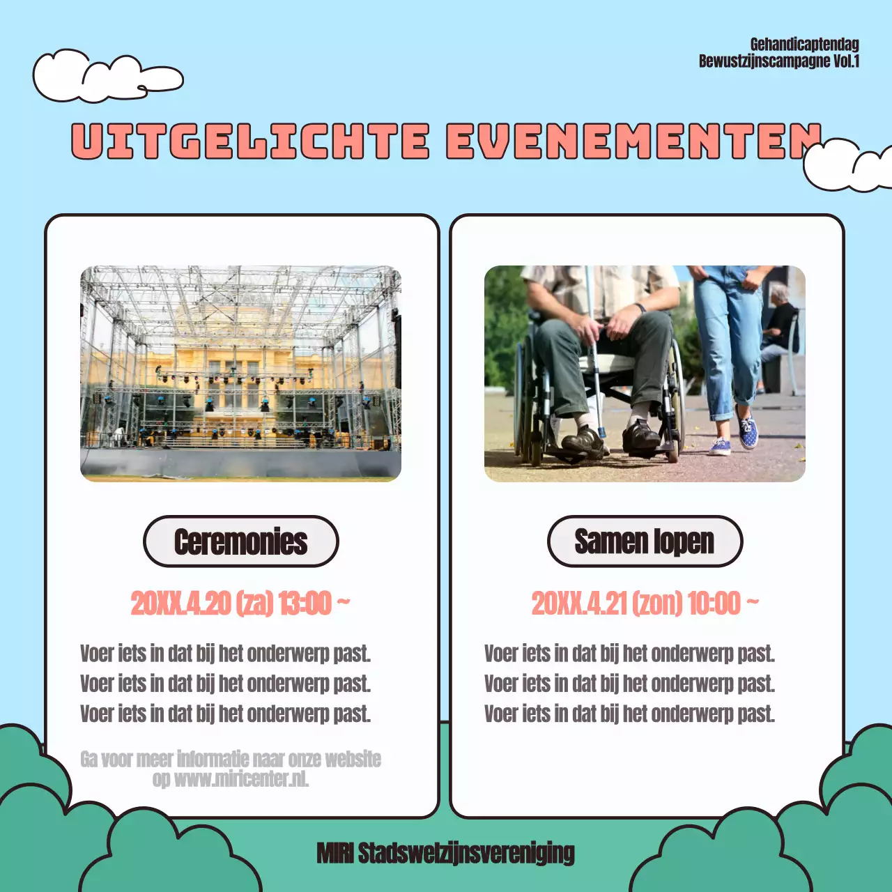 Evenementen ter gelegenheid van de Disability Awareness Day in lichtblauw en rood promoten