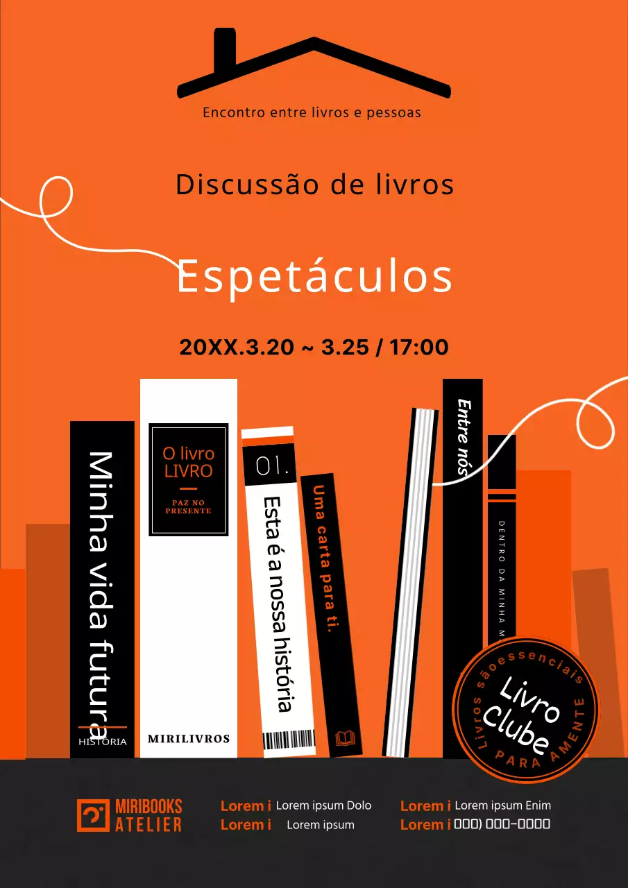 Promover concertos modernos de conversas sobre livros em laranja e preto