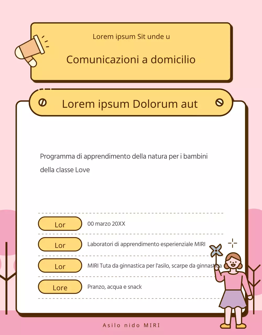 Una raccolta di simpatici annunci per l'asilo giallo e rosa