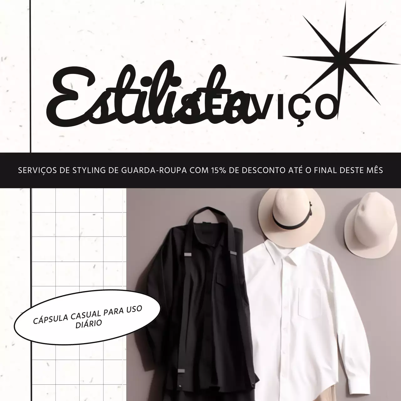 Anúncio do serviço de estilista de moda minimalista a cinzento e preto