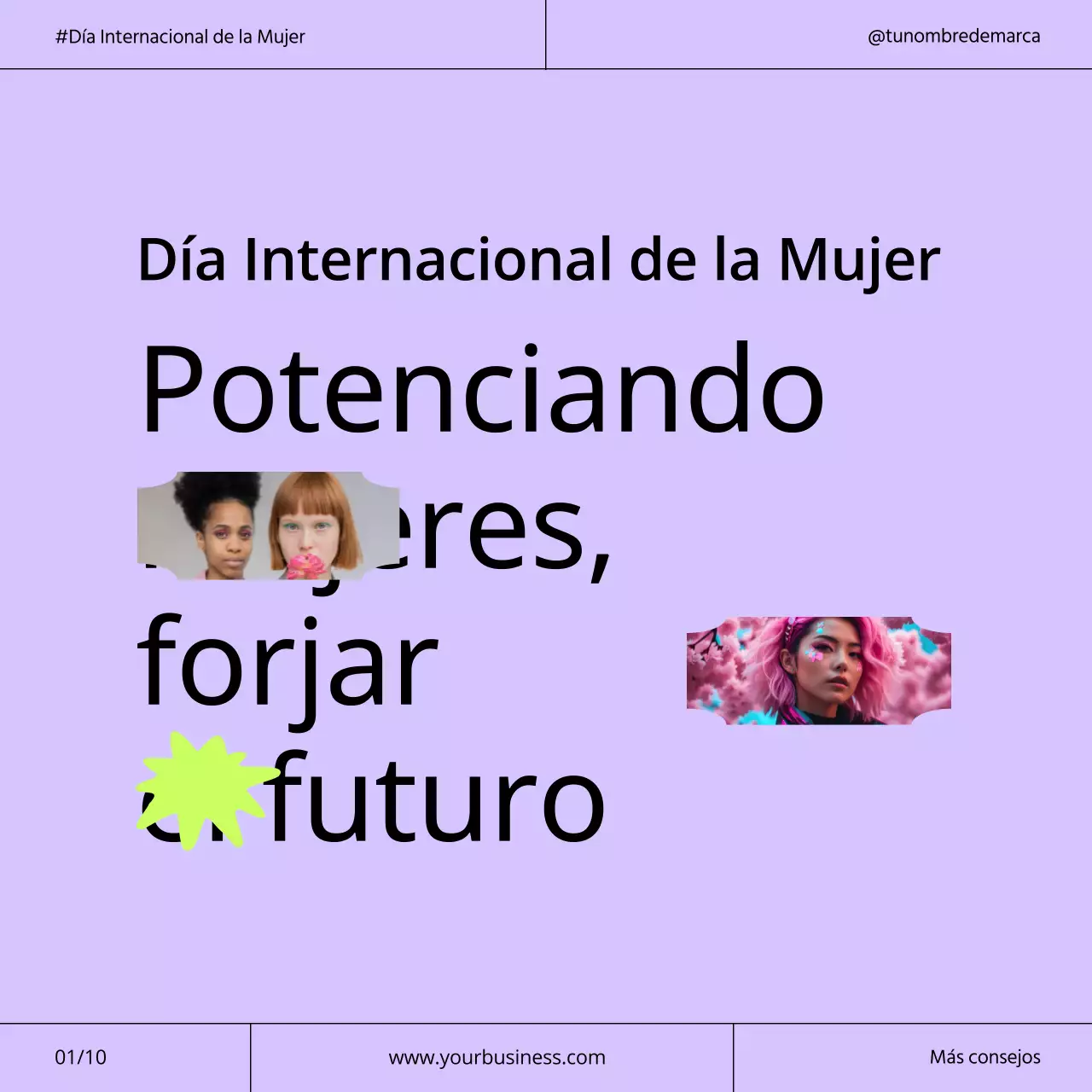 Campaña moderna del Día Internacional de la Mujer en morado y neón