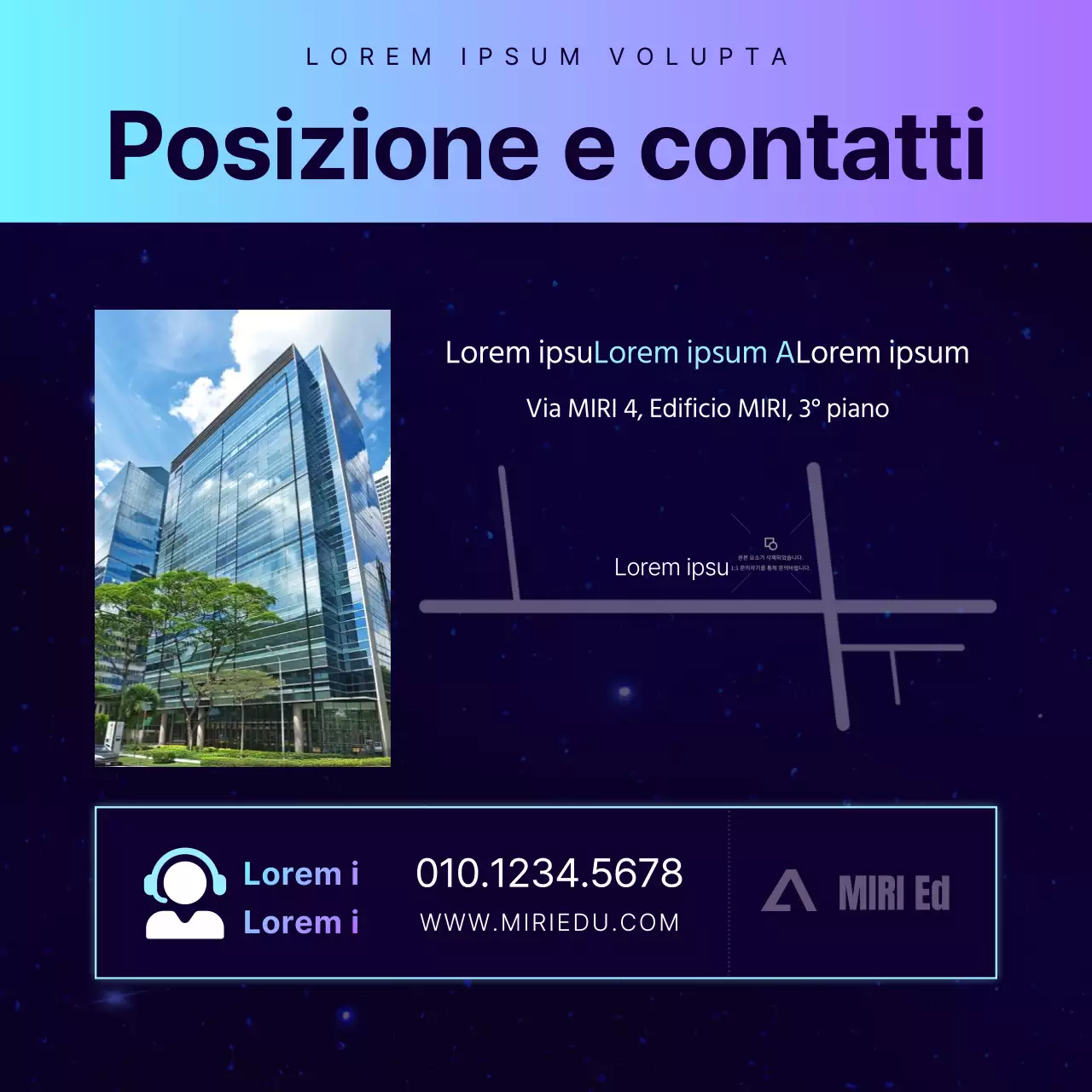 Promozione di una conferenza speciale presso un'accademia con un'atmosfera fantascientifica in blu navy e viola.