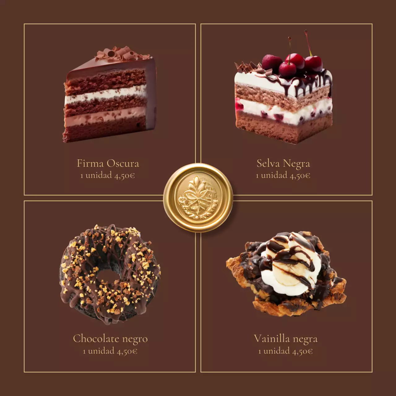 Clásica cafetería de postres en marrón y dorado para promocionar su anuncio