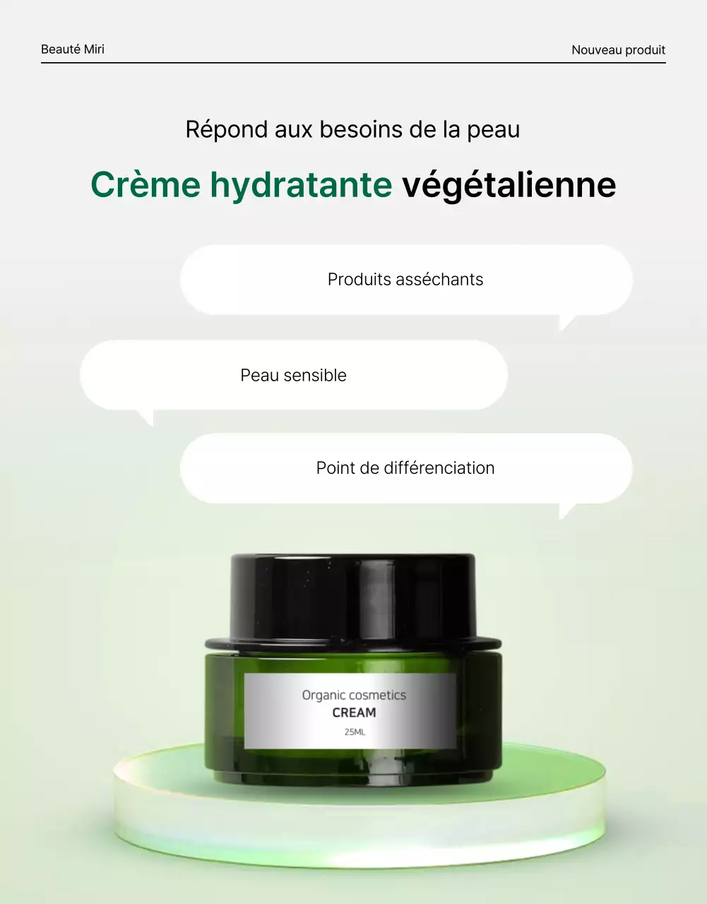 Promouvoir une simple page d'introduction verte et blanche pour des cosmétiques naturels