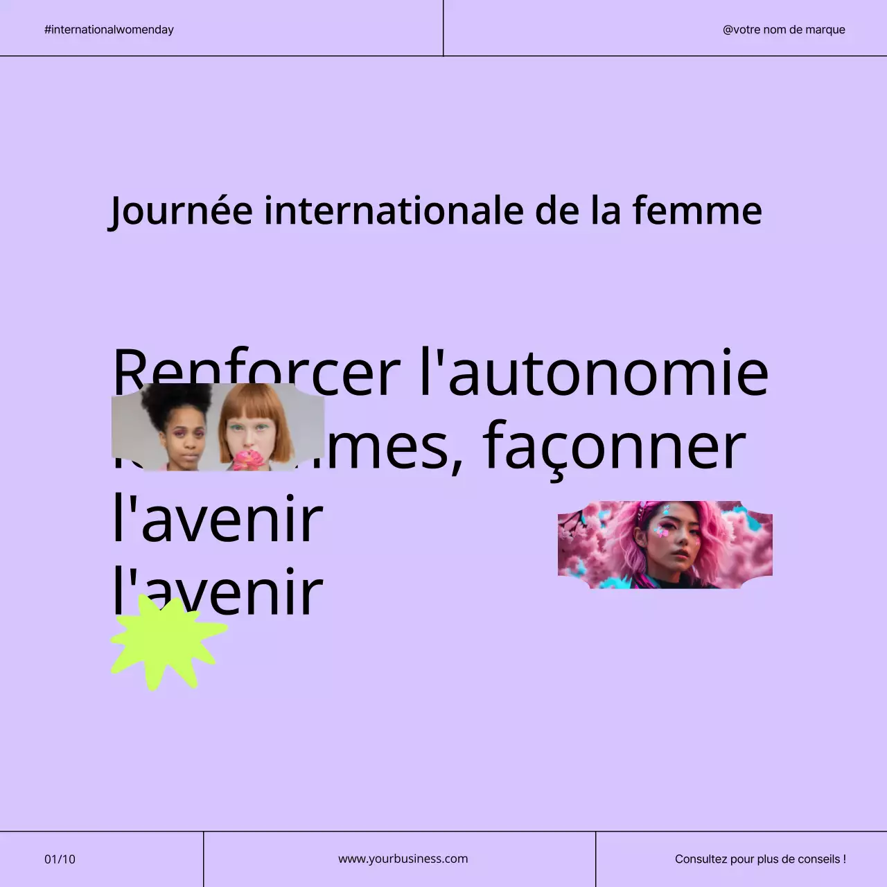 Campagne moderne pour la Journée internationale de la femme : violet et néon