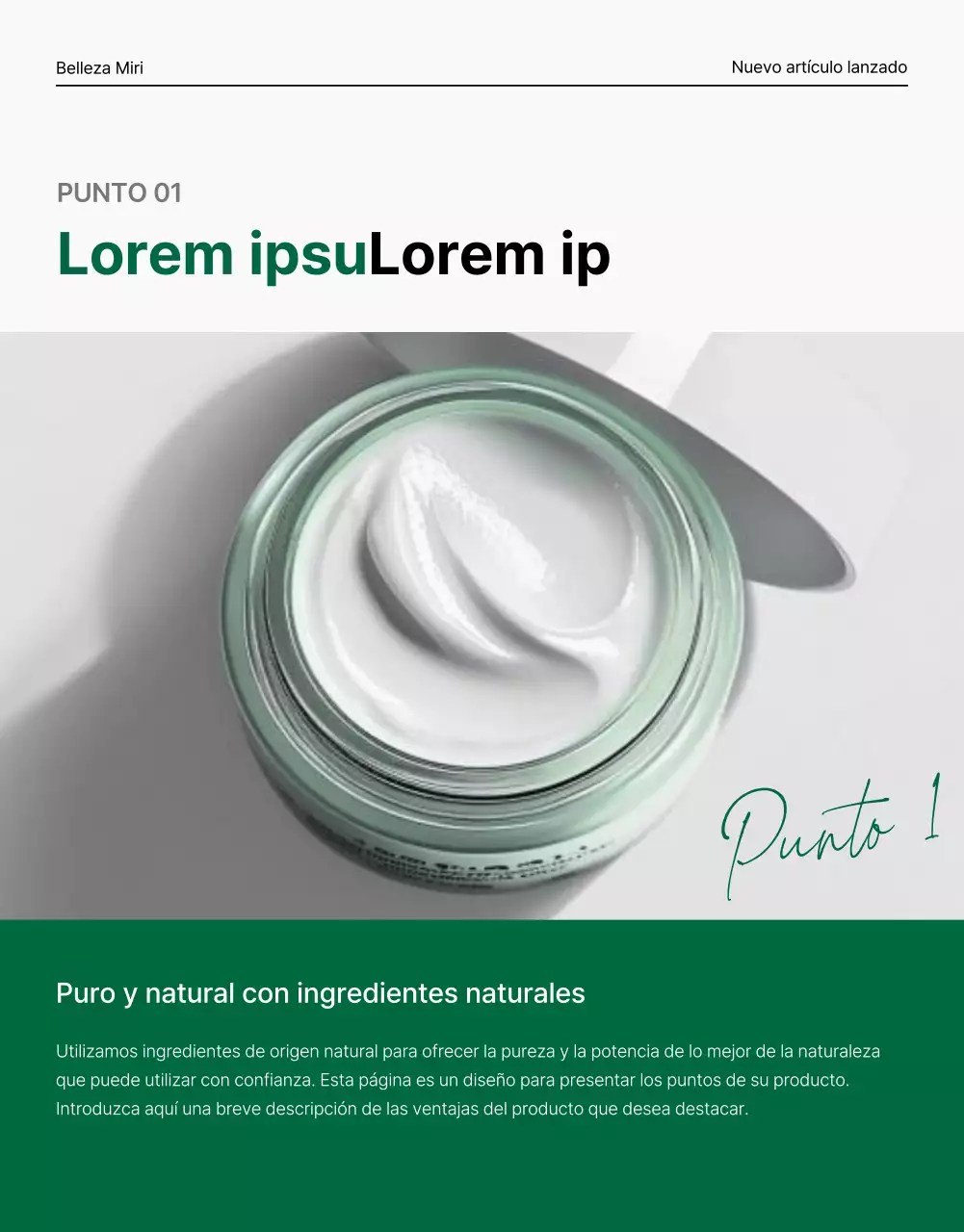 Promover una sencilla página de control de cosmética natural verde y blanca
