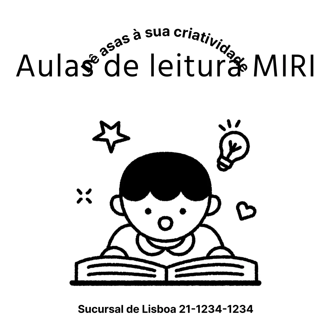 Desenho promocional de escola com ilustração de uma criança a ler um livro