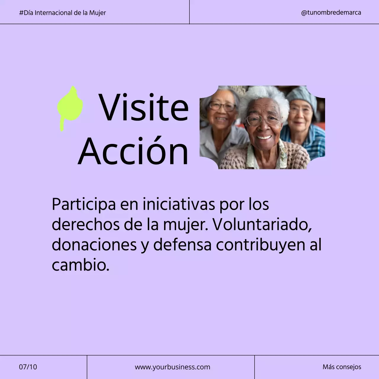 Campaña moderna del Día Internacional de la Mujer en morado y neón