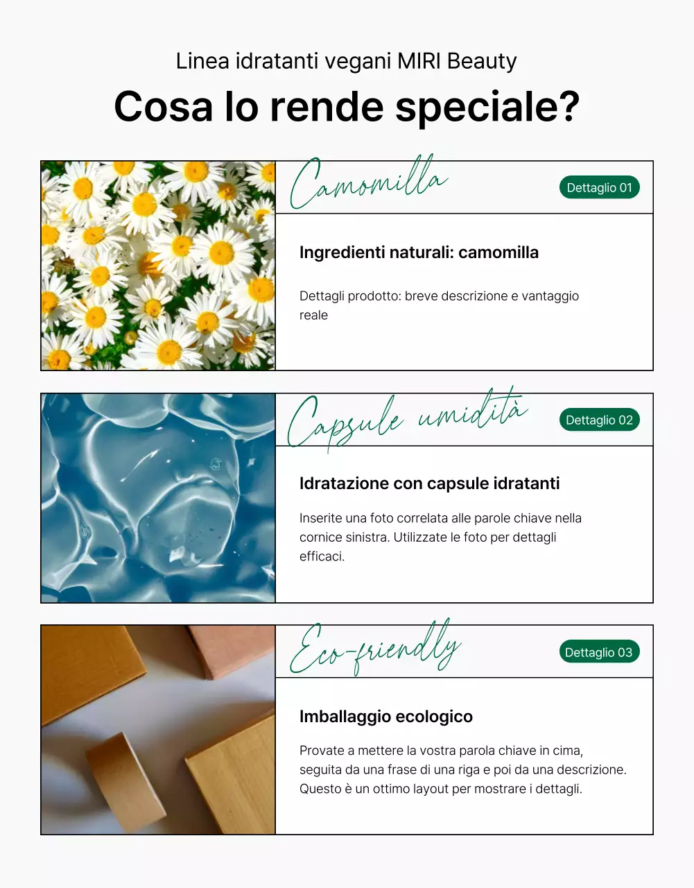 Promuovere una semplice pagina di descrizione e dettaglio di cosmetici naturali bianchi e verdi