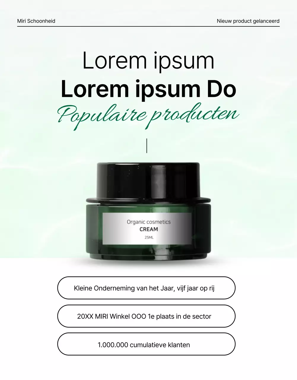 Promoot een eenvoudige, moderne, natuurlijke cosmetica voorpagina in groen en wit