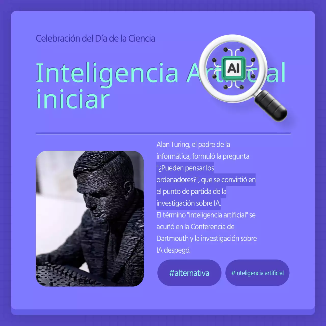 Un puesto moderno de AI para el Día de la Ciencia en morado y menta