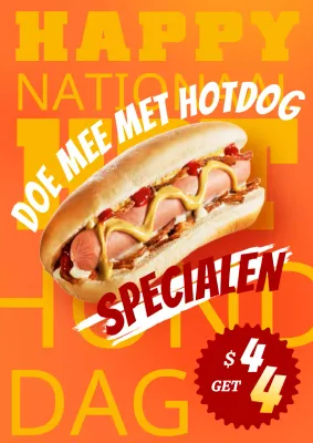 Promoot je National Hot Dog Day evenement met oranje en gele pop-art