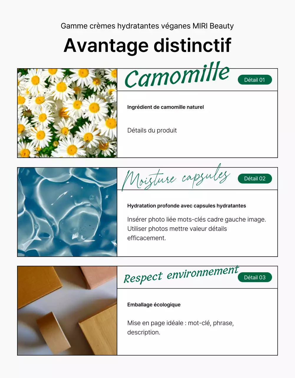 Promouvoir une simple page de description et de détail de produits cosmétiques naturels verts et blancs