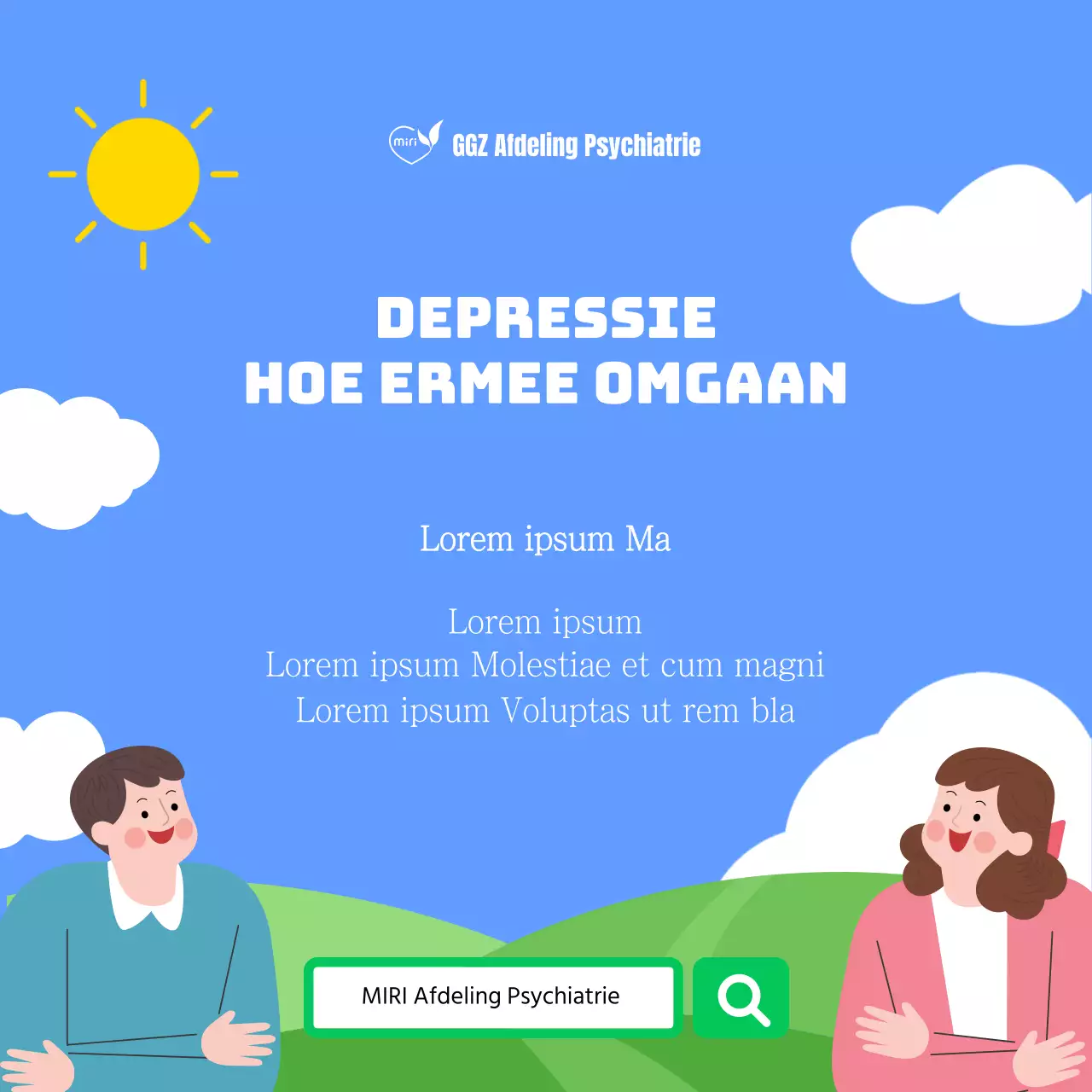 Een eenvoudig psychologisch centrum in lichtblauw en chartreuse met informatie over hoe je depressie kunt overwinnen.