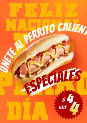 Promocione su evento del Día Nacional del Perrito Caliente con arte pop naranja y amarillo