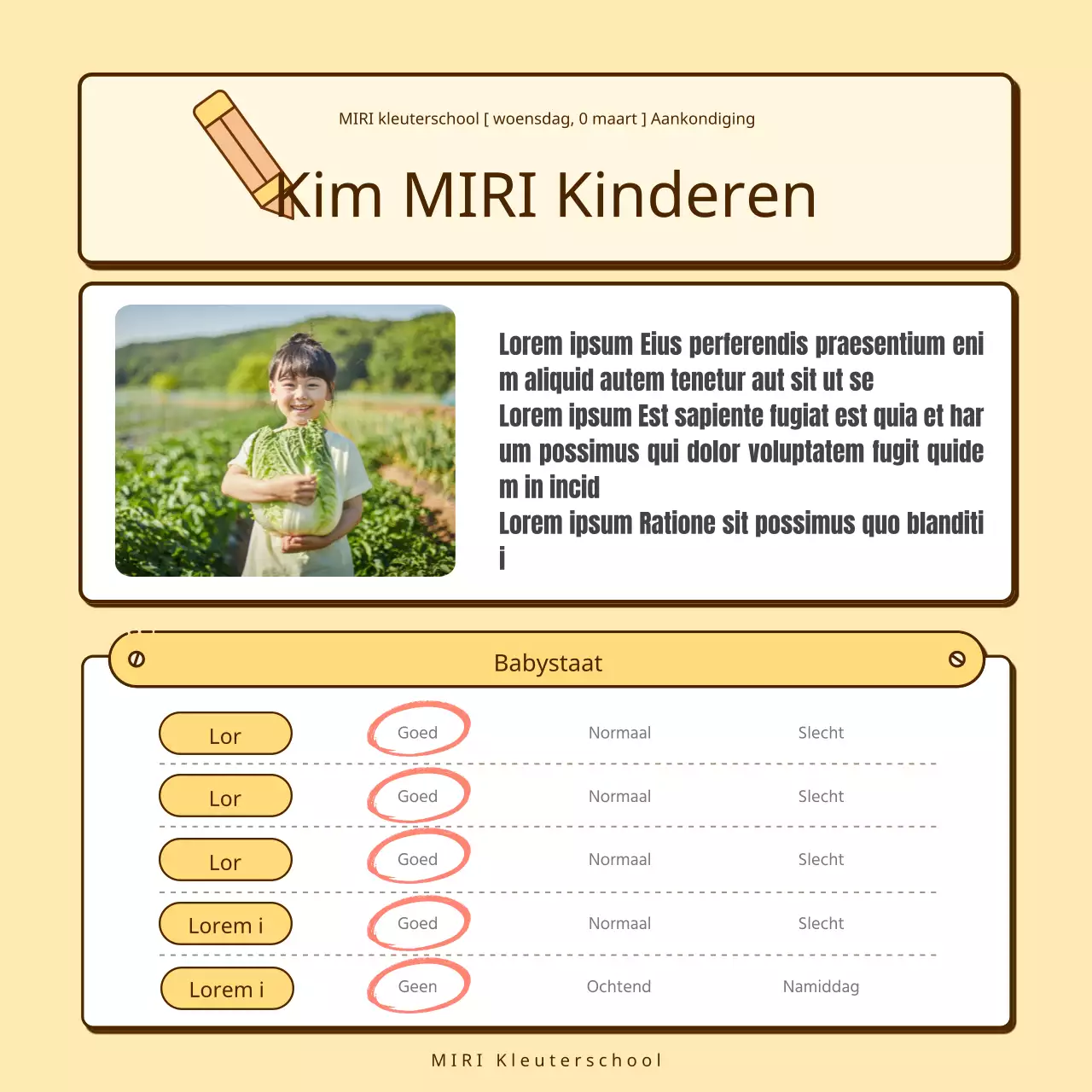 Een verzameling schattige gele en roze kleuterschool aankondigingen