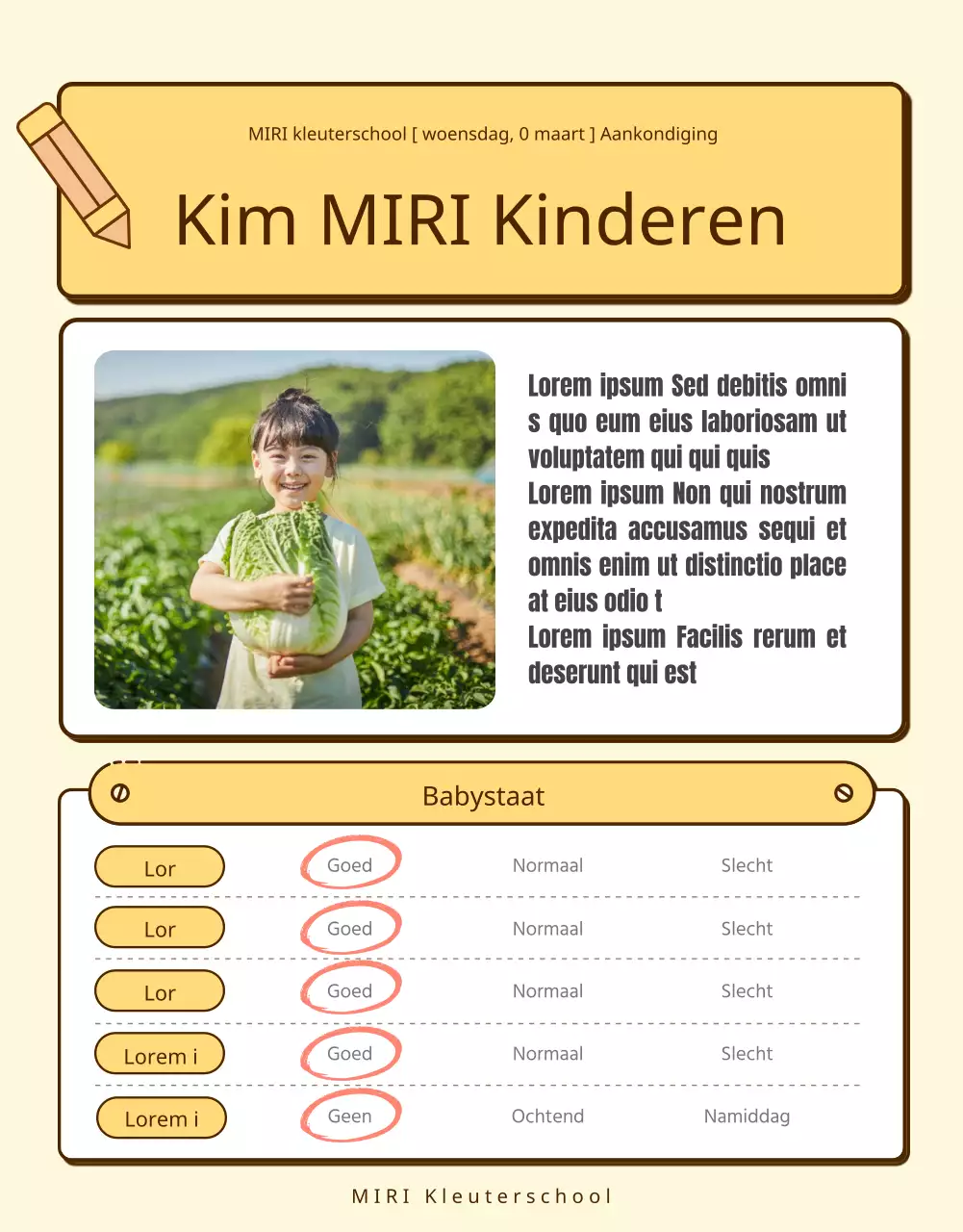 Een verzameling schattige gele en roze kleuterschool aankondigingen