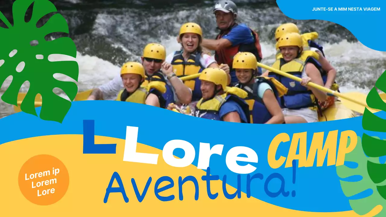 Promova aventuras tropicais no acampamento de verão em azul claro e amarelo