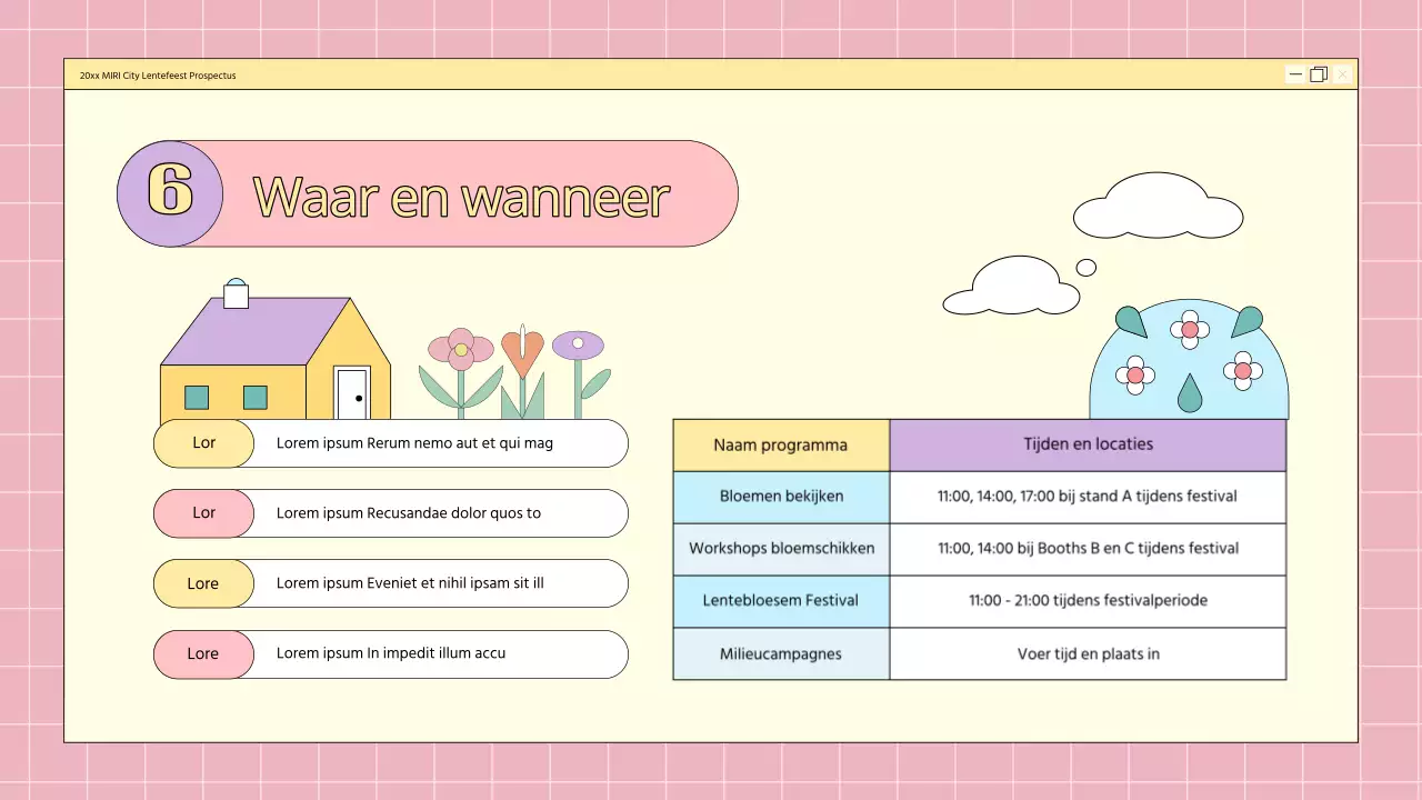Een kitscherige festivalplanner met bloemen in roze en mauve