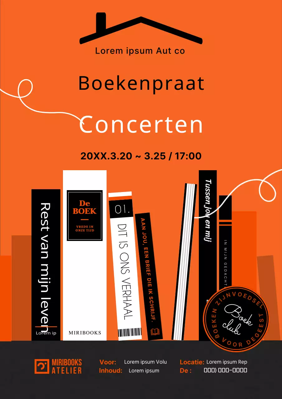 Promoot moderne boekpraatconcerten in oranje en zwart