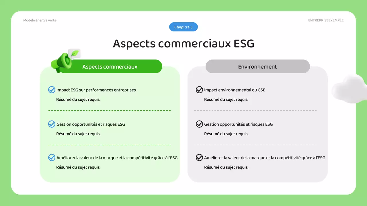 Un plan d'affaires ESG simple en vert et bleu